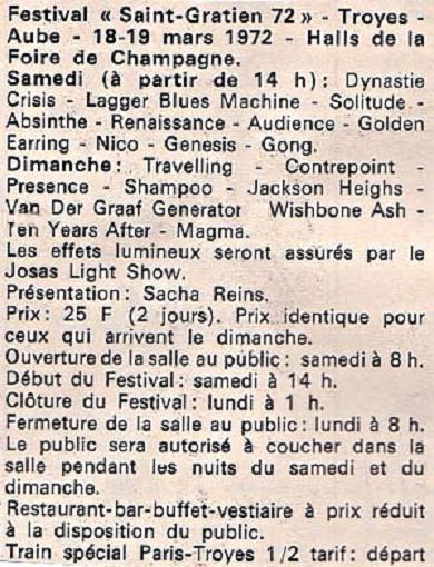 Golden Earring show announcement March 18 1972 Troyes (France) - Saint Gratien'72 festival
